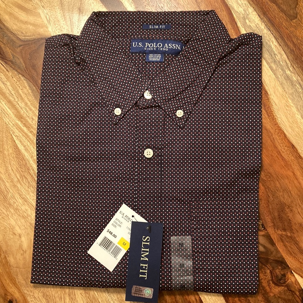 NWT U.S POLO ASSN MENS BLK W/RED & WHITE POLKA DOT LONG SLEEVED BUTTON UP SHIRT